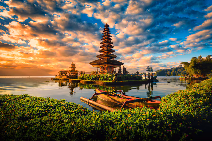 Bali pura ulun danu bratan hindu temple with boat bratan lake landscape sunrise bali indonesia 29505 855